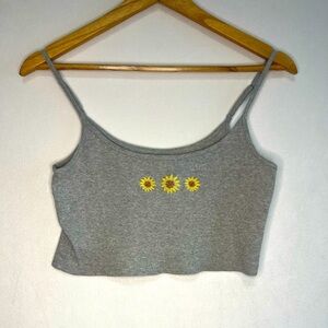 Hollister Gray Sunflower Embroidered Women's Tank Tee Womens Size L